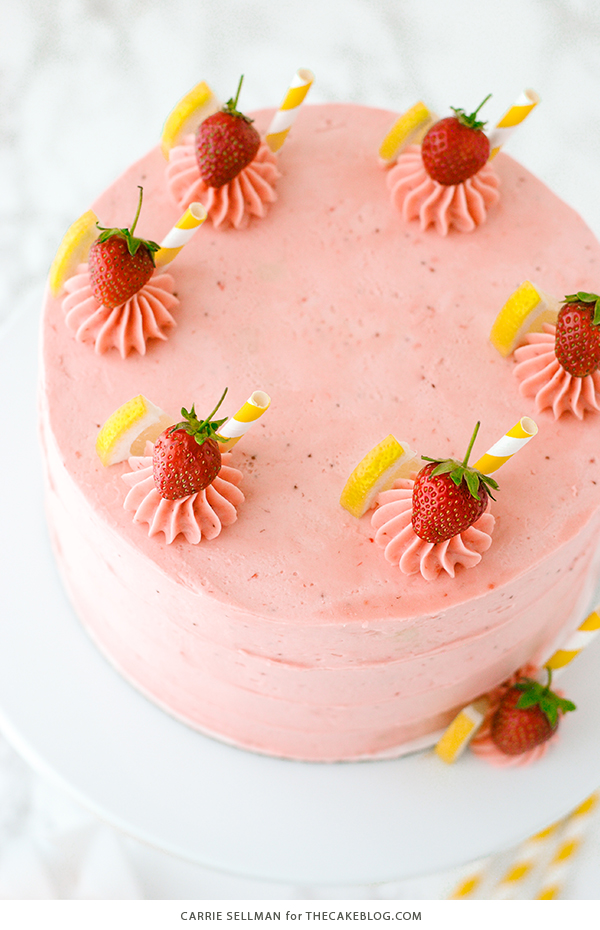 Strawberry Lemonade Cake - tender lemon cake paired with fresh strawberry buttercream | by Carrie Sellman for TheCakeBlog.com