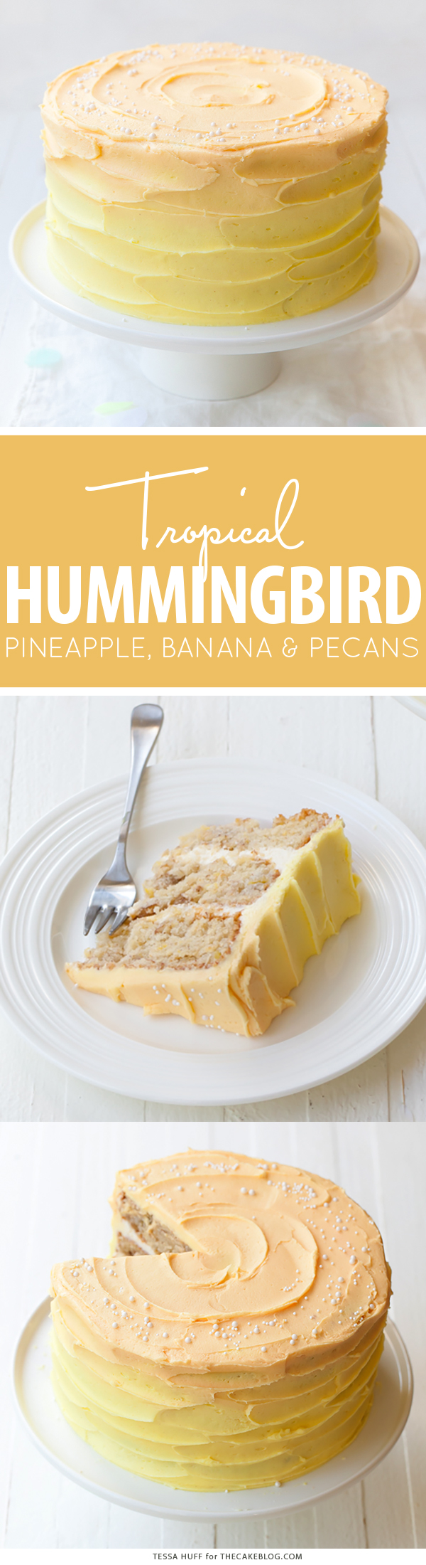 Hummingbird Cake - a no fuss favorite with tropical flavors of pineapple, banana and pecans making it the perfect summer bake | by Tessa Huff for TheCakeBlog.com