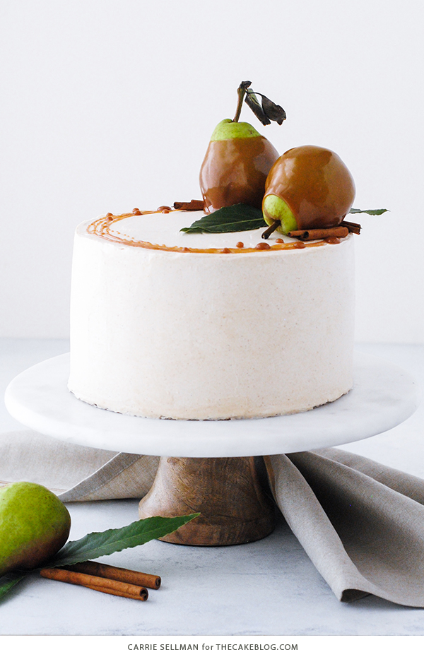 Salted Caramel Pear Cake - fresh pear cake with cinnamon buttercream, salted caramel and homemade caramel dipped pears | Carrie Sellman for TheCakeBlog.com