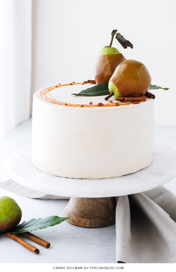 Salted Caramel Pear Cake - fresh pear cake with cinnamon buttercream, salted caramel and homemade caramel dipped pears | Carrie Sellman for TheCakeBlog.com
