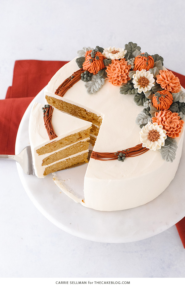 Pumpkin Spice Cake - moist pumpkin cake with cinnamon, ginger and nutmeg paired with pumpkin spice buttercream frosting | by Carrie Sellman for TheCakeBlog.com
