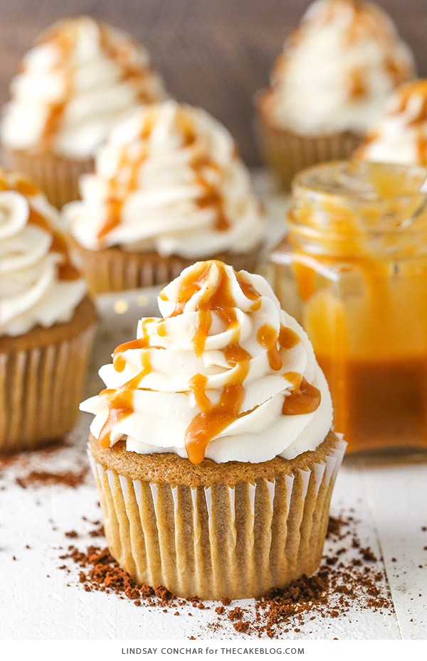 Caramel Mocha Cupcakes - a coffee flavored cupcake, caramel frosting and caramel drizzle | by Lindsay Conchar for TheCakeBlog.com