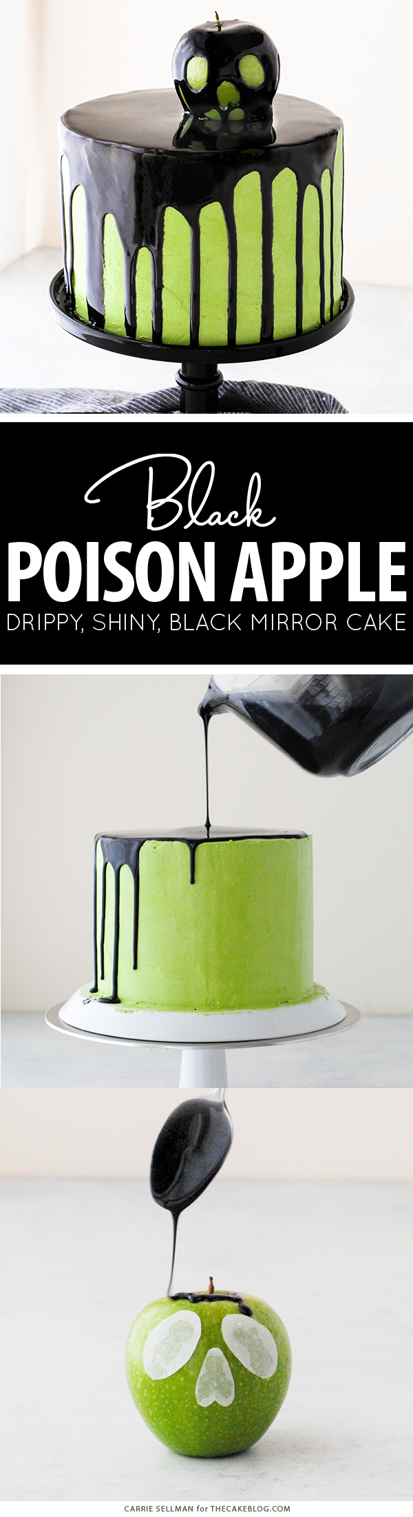 Poison Apple Cake - a black mirror glaze cake with an edible "poison apple" for Halloween | by Carrie Sellman for TheCakeBlog.com