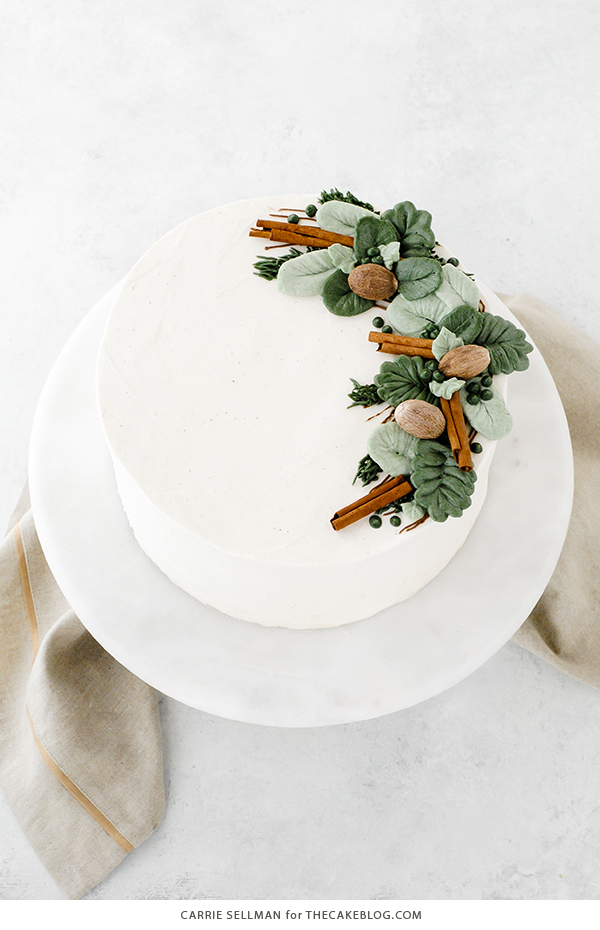 Eggnog Cake - a rich butter cake with hints of cinnamon and nutmeg, paired with a creamy eggnog buttercream | by Carrie Sellman for TheCakeBlog.com