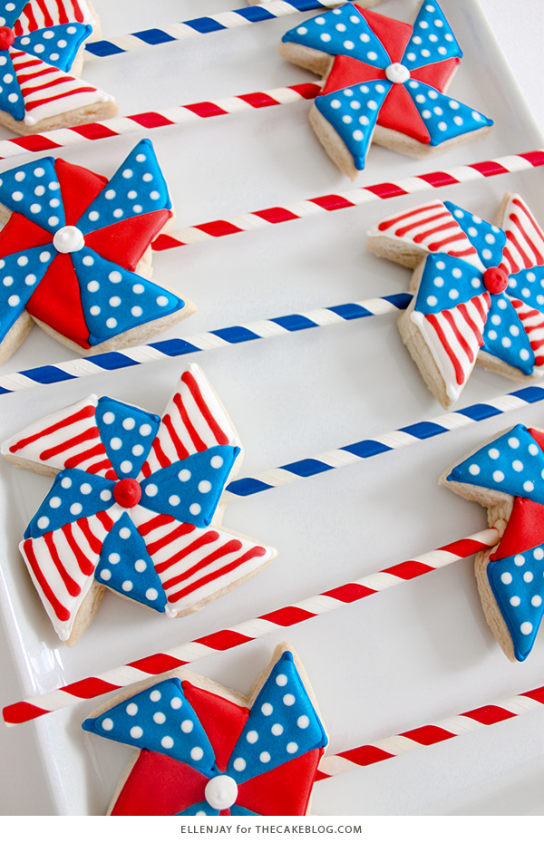 Pinwheel Cookies -- red, white and blue pinwheel cookies on a stick | by ellenJAY for TheCakeBlog.com