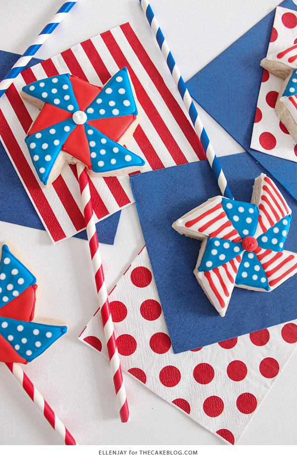 Pinwheel Cookies -- red, white and blue pinwheel cookies on a stick | by ellenJAY for TheCakeBlog.com