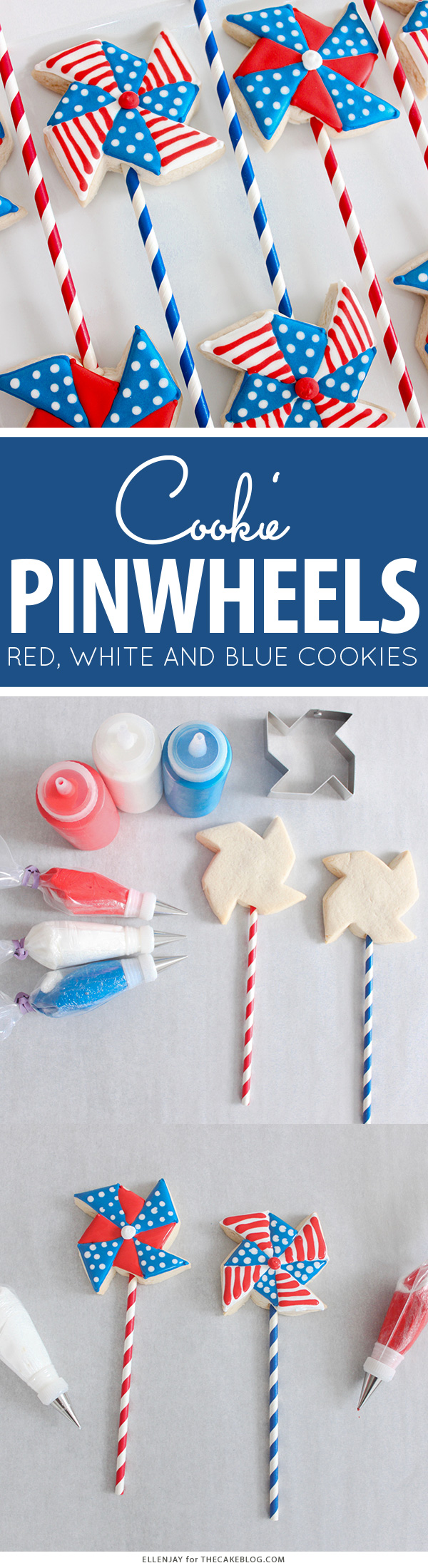 Pinwheel Cookies -- red, white and blue pinwheel cookies on a stick | by ellenJAY for TheCakeBlog.com