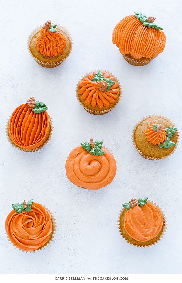 8 Ways to Decorate a Pumpkin Cupcake with Buttercream Frosting | Carrie Sellman for TheCakeBlog.com