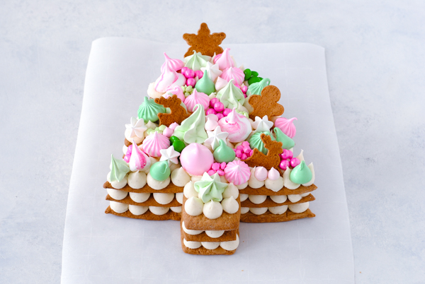 Cream Tart Tree Cake - gingerbread cookie with cream cheese frosting and festive holiday toppings | by Carrie Sellman for TheCakeBlog.com
