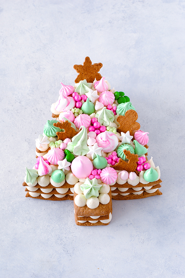 Cream Tart Tree Cake - gingerbread cookie with cream cheese frosting and festive holiday toppings | by Carrie Sellman for TheCakeBlog.com