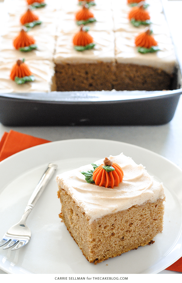 Pumpkin Sheet Cake - easy pumpkin cake with cinnamon cream cheese frosting, made from scratch and perfect for a crowd | by Carrie Sellman for TheCakeBlog.com