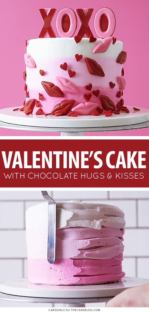 XOXO Valentine's Day Cake - how to make a pink ombre striped cake decorated with chocolate lips, hearts and an XOXO topper | by Cakegirls for TheCakeBlog.com