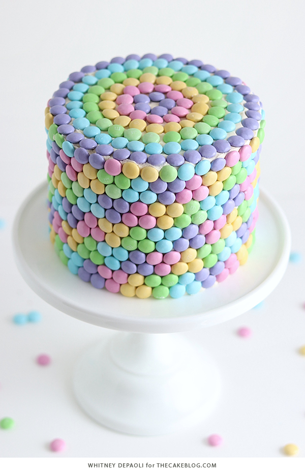 Pastel Rainbow M&M Cake | by Whitney DePaoli for TheCakeBlog.com