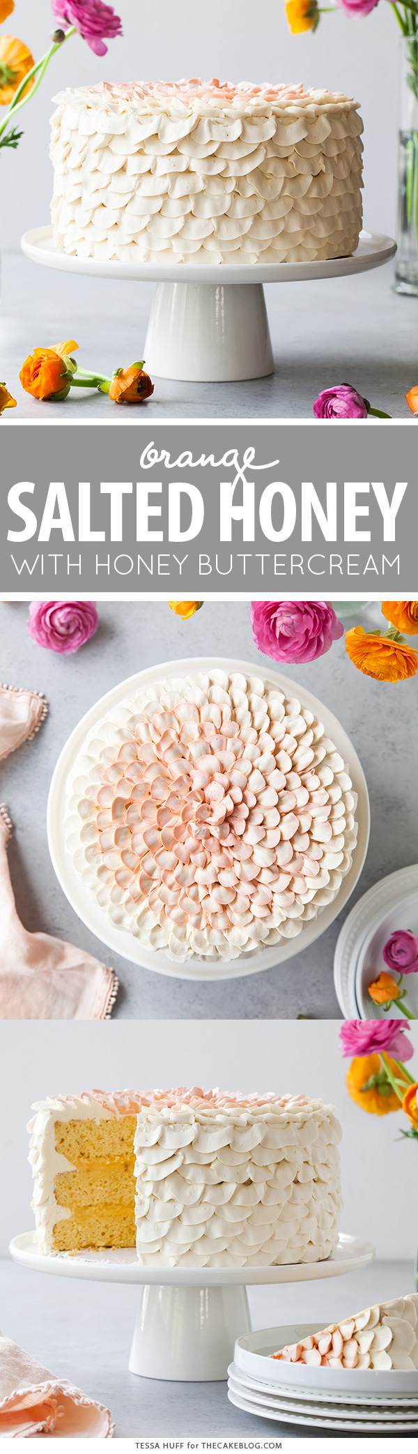 Orange Salted Honey Cake - orange cake with a salted honey custard and a piped petal honey buttercream |  by Tessa Huff for TheCakeBlog.com