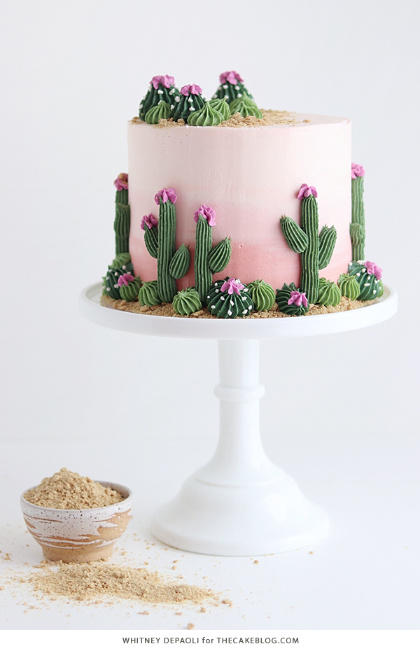 Cactus Cake - how to make a cactus themed cake with ombrè buttercream, edible sand and piped buttercream cacti | by Whitney DePaoli for TheCakeBlog.com